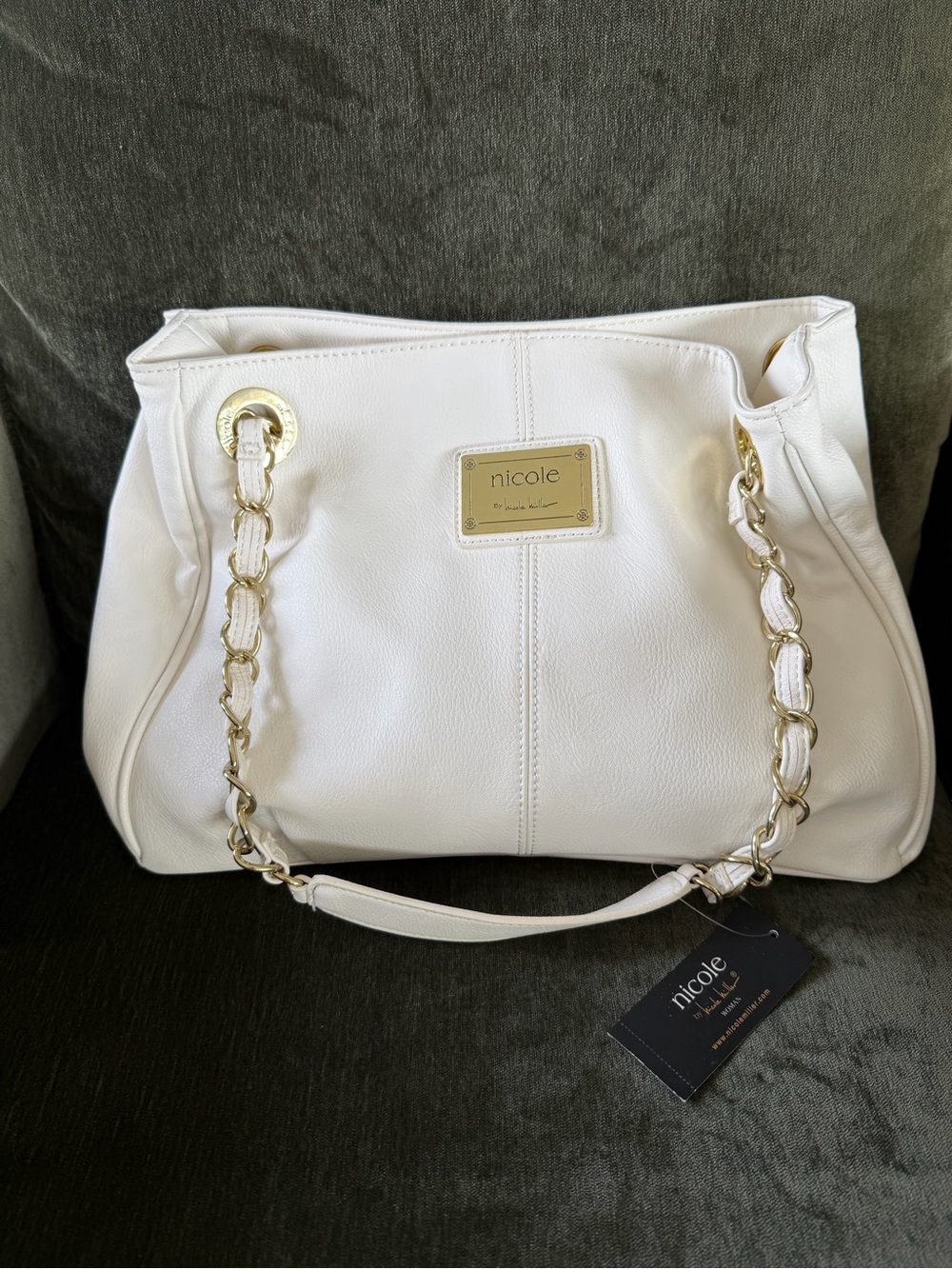 Nicole by Nicole Miller White Shoulder Bag with Gold Chain Straps